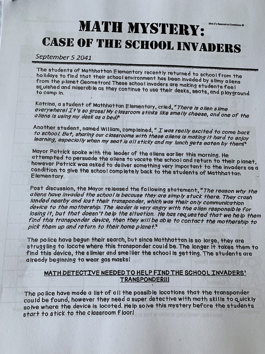funinfourth149's tweet photo. Using our math skills to solve The Case of The School Invaders! @WWP_Dalers https://t.co/fwDn9UoCAM