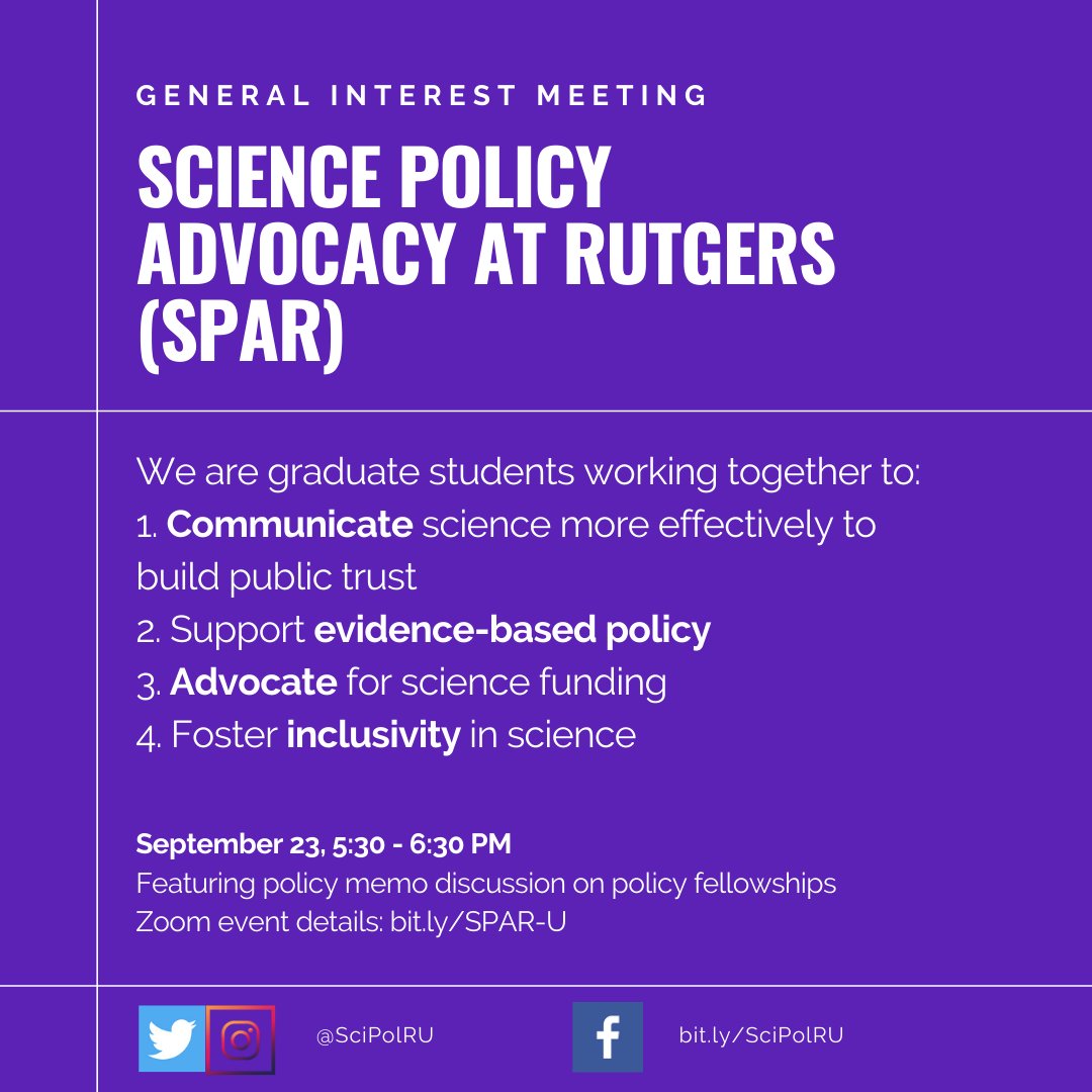 The first general interest meeting of the year is coming up! Find event details on our website: scipolru.com/category/upcom… #scipol #sciencepolicy #scicomm #sciencecommunication  #rutgers #rutgersuniversity #advocacy