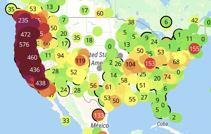 MinusPeach's tweet photo. Friendly reminder that the *entire west coast* is under air quality alerts today, has been all week, and will be all weekend. 

The entire west coast. 

The air along the *entire west coast* is unhealthy to breathe. https://t.co/hG41SonNgJ