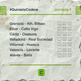 CodereApuestas's tweet photo. ¡Mañana inicia La Liga y no podía faltar nuestra renovada #QuinielaCodere! 🔥
Esta vez, lo hemos DESCOMPLICADO para que puedas ganar fácilmente los 50€ 👏

👉 Síguenos
🔄 Haz RT
✏️ Manda tu quiniela usando el #

Ojito a las nuevas TyC‼️

https://t.co/kWxtMBa9jr https://t.co/B6tjkmNYwa