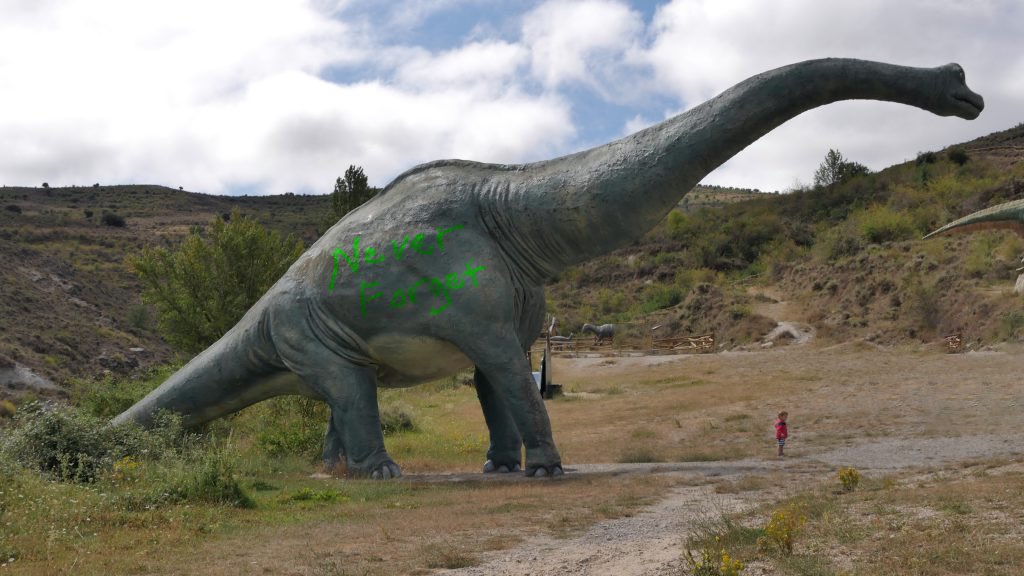 JurassicPark2go's tweet photo. In honor of 9/11 we have spray painted “never forget” on all of our dinosaurs https://t.co/O0k5tXQd8c