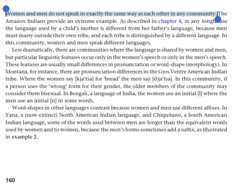 E__Nada's tweet photo. أشارت جانيت هولمز في كتاب
“An Introduction to Sociolinguistics”إلى أن الذكور والإناث في كل المجتمعات لا يتحدثون بالطريقة نفسها وأن هذه الفروقات قد تكون من الناحية الصرفية أو طريقة النطق، وأوردت أمثلة لذلك.
هل نجد ذلك في اللغة العربية أو المجتمع السعودي؟ وكيف؟
#اللغويات_الإجتماعية https://t.co/YHCQEKNkOD