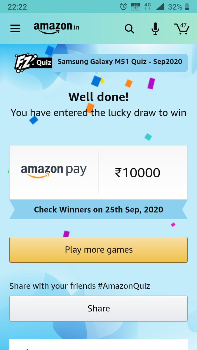 awanithakur01's tweet photo. #AmazonQuiz
I played this interesting Quiz on Amazon-Play games at Amazon FunZone  https://t.co/w9KTRbITWP https://t.co/UDGXwNYcSO