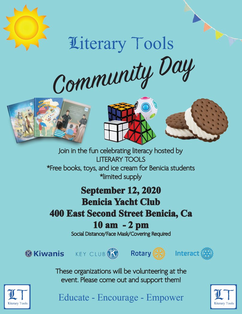 Literary Tools Community Day, tomorrow Sept. 12th
Dear Benicia Community,
Please take advantage of this Literary Event for Benicia Students hosted by Literary Tools. The information is on the attached flier.
Stay safe and enjoy your weekend!