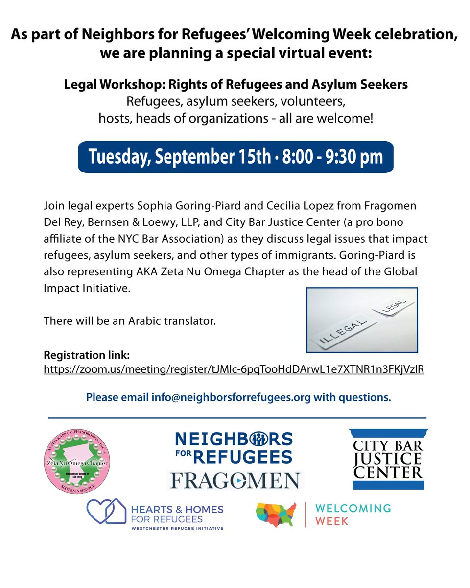 Westchester group <a href="/NeighborRefugee/">Neighbors For Refugees</a> with virtual legal workshop on rights for refugees and asylum seekers on Sept. 15, 8 to 9:30 p.m.