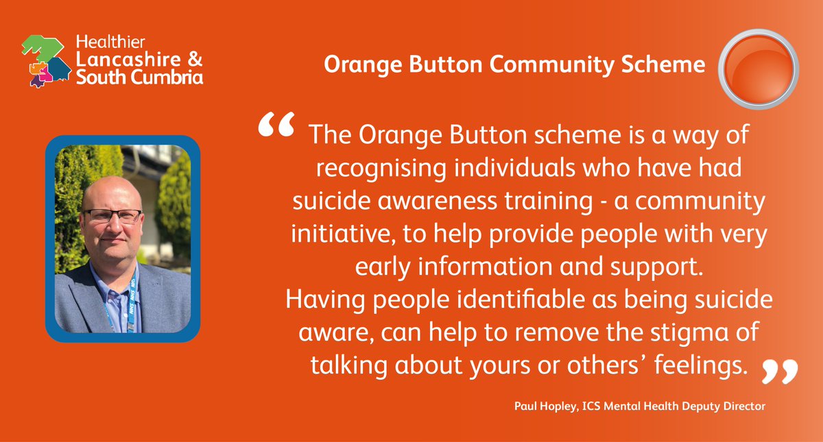 MorecambeBayNHS's tweet image. The Orange Button scheme was launched across Lancashire and South Cumbria yesterday as part of #WorldSuicidePreventionDay2020. The orange button is worn by people who have undergone extensive suicide prevention training. Read more: bit.ly/2FeIU0a
#OrangeButtonCommunity