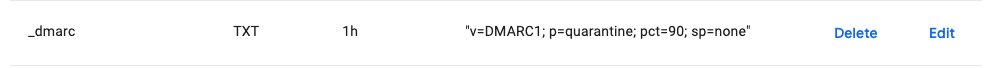 2. Now you need to add DMARC.In Google Domains, go to DNS.Make a TXT record.Name: _dmarcData: v=DMARC1; p=quarantine; pct=90; sp=none