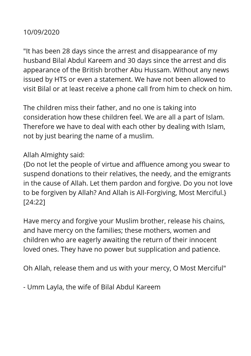 OGNreports's tweet photo. Statement from the wife of Bilal Abdul Kareem (written yesterday).

#FreeBilal
#FreeTox
#PrisonersRightsIdlib https://t.co/OQlXi0uK8o