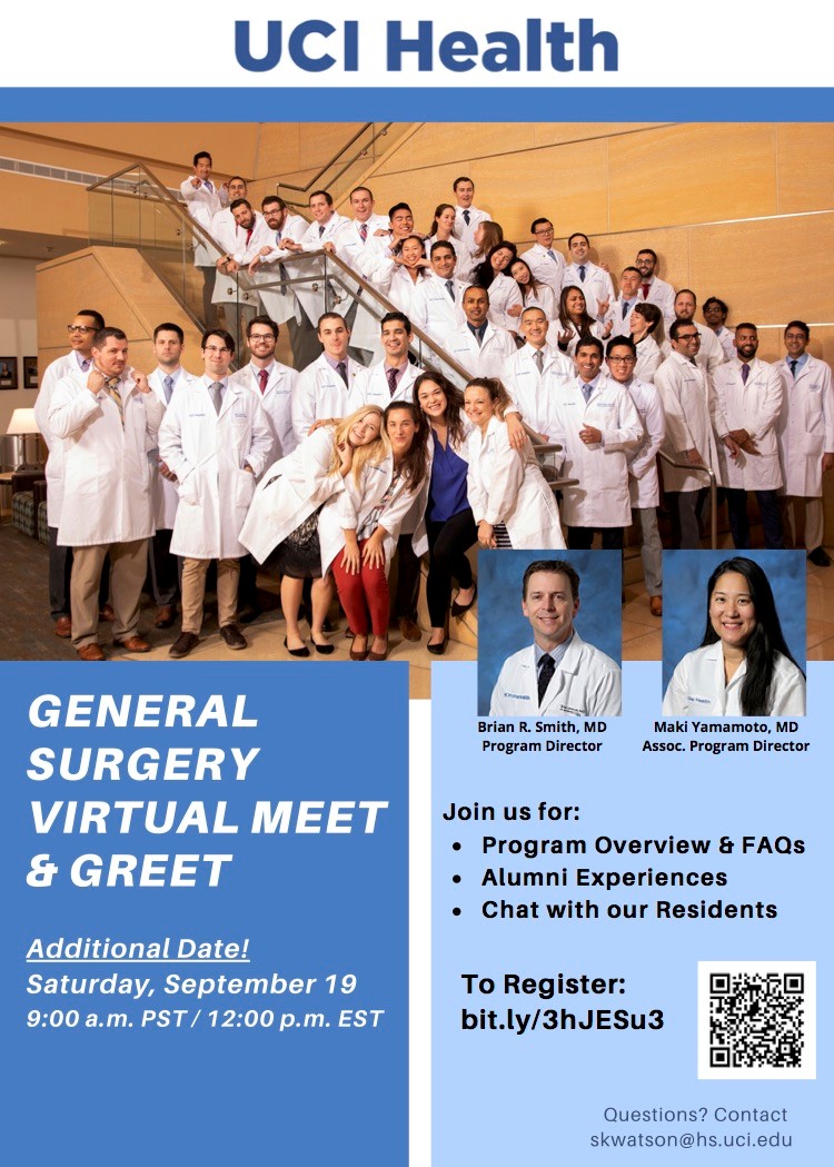 Medical students interested in surgery? Come join us for the 2nd UC Irvine General Surgery Virtual Meet and Greet! Meet our program leadership, alumni, and amazing residents while learning more about UC Irvine! #UCIrvineSurgery #SurgeryResidency #zotzot #GenSurgMatch2021