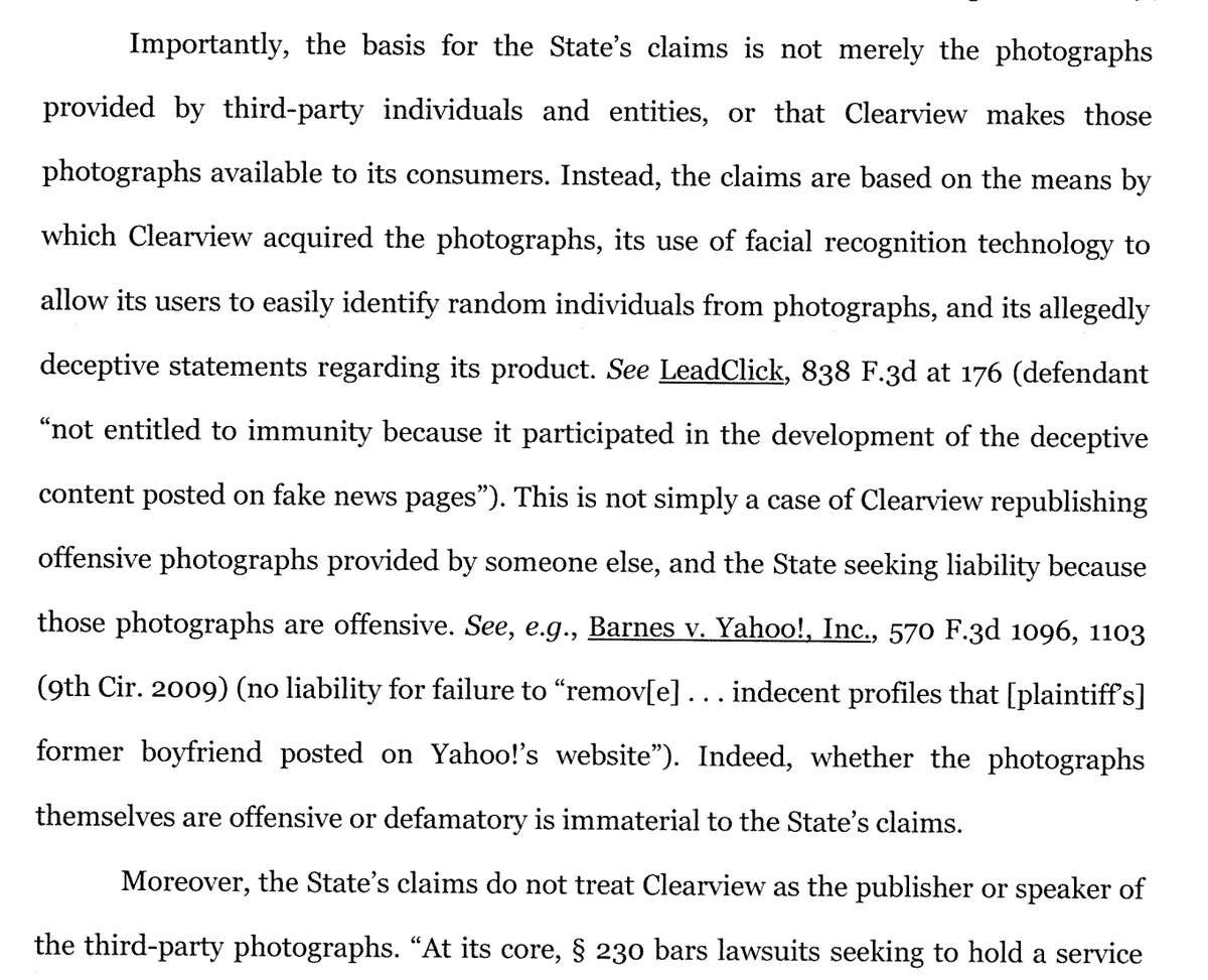 First, Clearview AI's nonsensical  #Section230 arguments are dismissed: "[T]he claims here attempt to hold Clearview 'accountable for its own unfair or deceptive acts or practices.'"