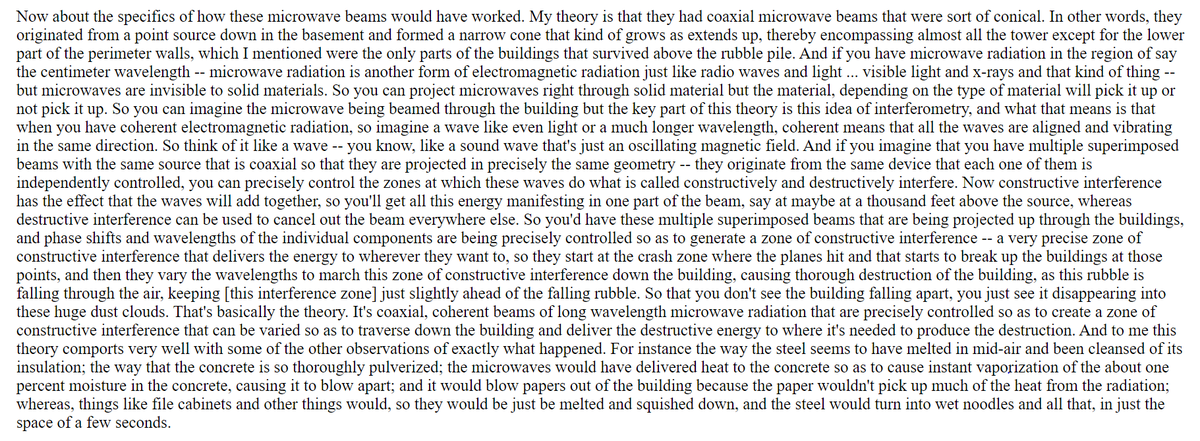 Jan 2004 Jim Hoffman on Guns & Butter calls DEWs his "working theory", "physically possible" & better explains "number of more subtle features" e.g. lack of overpressures in the first 2 sec, fineness of pulverization, persistence of North Tower spire13/ https://911research.wtc7.net/interviews/radio/youreyesdontlie/index.html
