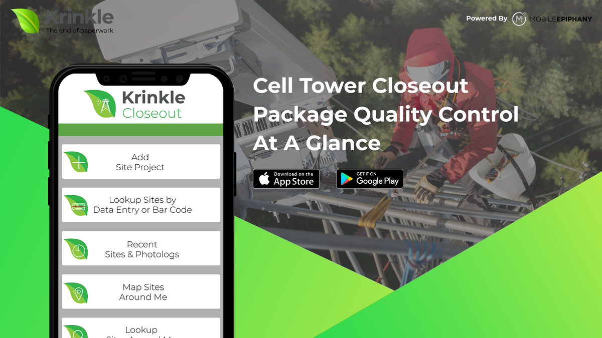 KrinkleCloseout's tweet photo. Krinkle Closeout is the #celltower inspection app that will take your #towerservice company to the next level! Unlimited photo logs, date/time, and GPS stamping with a comprehensive QA tool. Check out its capabilities @ https://t.co/k8hYrxpUrV! https://t.co/EoFZ9t994z