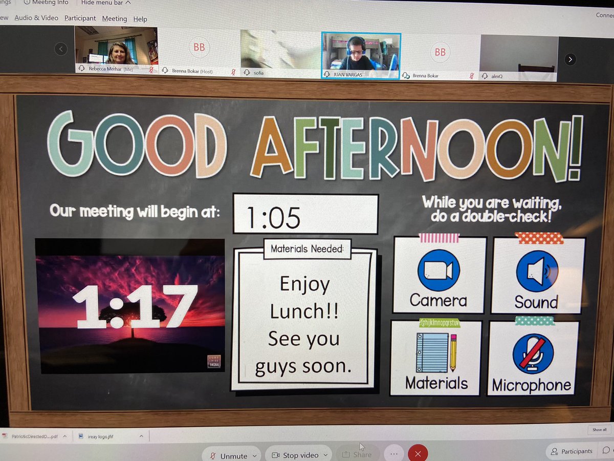 CESCorkyBear's tweet photo. Amazing to jump on Webex today and see our virtual students! Look at this great reminder Ms. Bokar posted to help students remember what time to return to the lesson after lunch! 
Fantastic! @collierschools @missbokarsbunch https://t.co/r2VE3MpWJl
