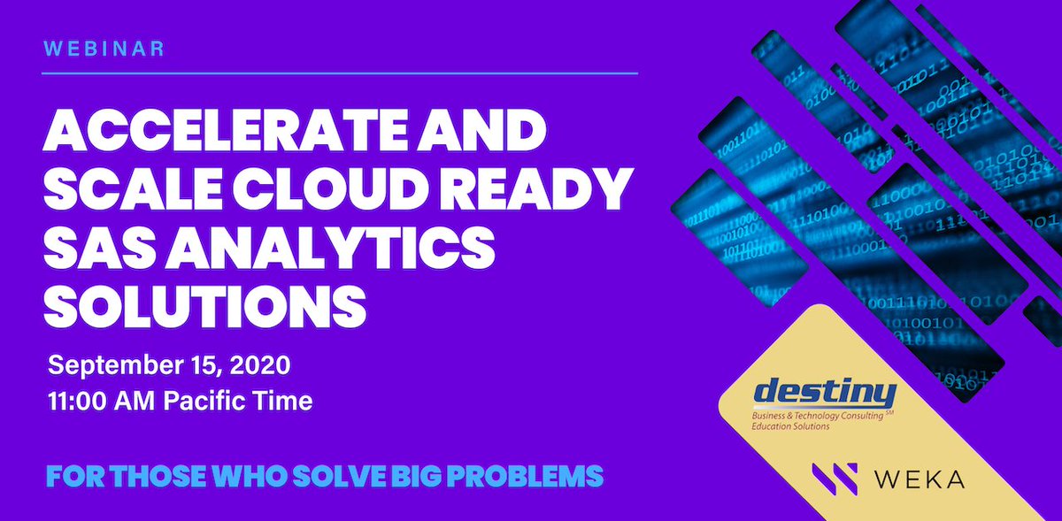 weka's tweet photo. Register today for the September 15th webinar with Weka and Destiny Corporation! This webinar will discuss the issues many clients encounter when processing large amounts of data to produce #analytics and how they can be solved.
#winwithweka
https://t.co/fOpJSVyVHK https://t.co/WtoMcyf8E2