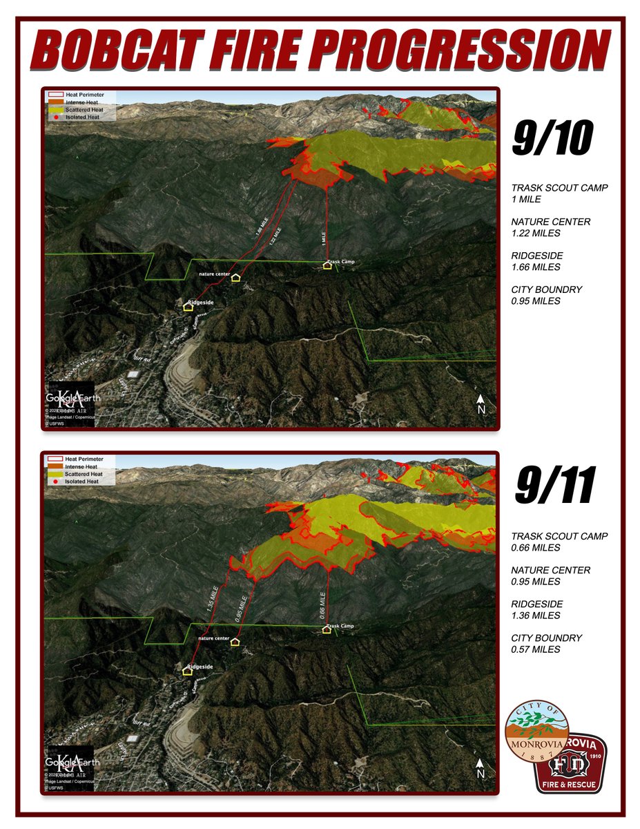 The fire continues to move down the hill and while it moves closer to the City boundary, we want to ensure our residents the fire is being monitored closely. The map below depicts the Bobcat Fire progression. 

cityofmonrovia.org/BobcatFire