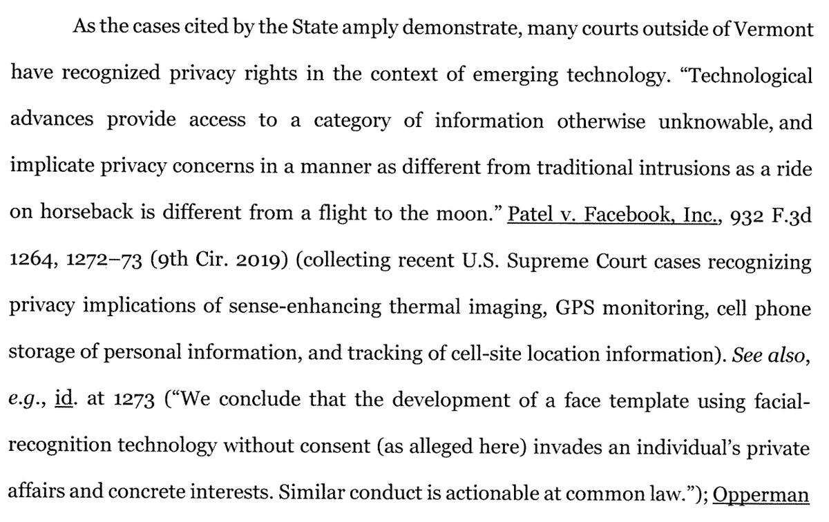 And Patel v. Facebook joins the party!“Technological advances provide access to a category of information otherwise unknowable, and implicate privacy concerns in a manner as different from traditional intrusions as a ride on horseback is different from a flight to the moon.”