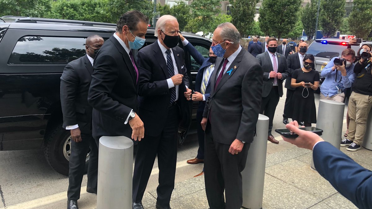 SenSchumer's tweet photo. We'll #NeverForget those we lost on 9/11 and in the years since. We'll #NeverForget the bravery of the first responders, families of those we lost, and Americans nationwide.

I was proud to stand with VP Biden, Governor Cuomo, so many more at Ground Zero as we remember that day. https://t.co/SFf1XYZrVX