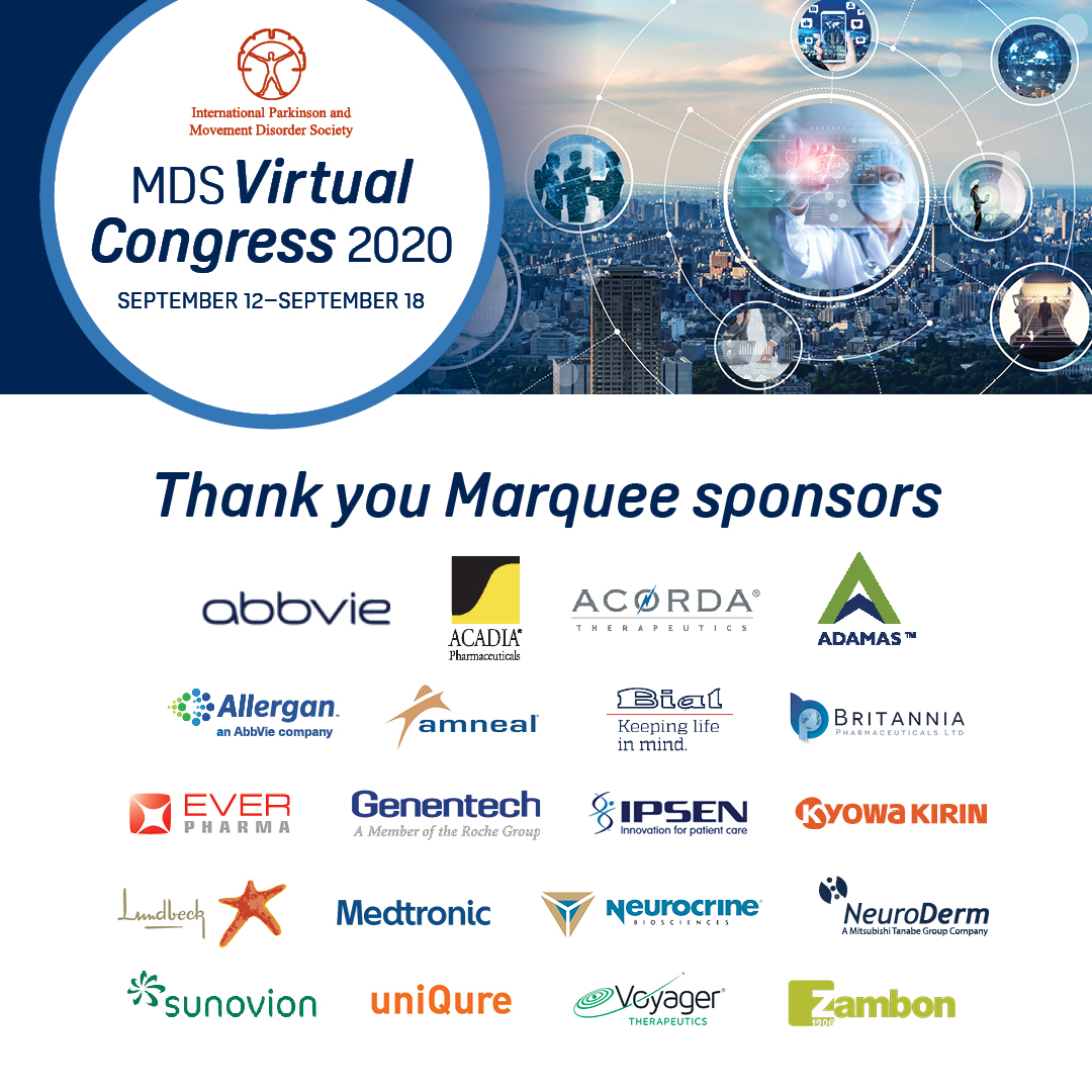 movedisorder's tweet photo. MDS Marquee sponsors: @abbvie @ACADIAPharma @AcordaNews @AdamasPharma #Allergan, #Amneal, @BialParkinson #BritanniaPharmaceuticals, #EverPharma, @genentech @IpsenGroup #KyowaKirin, @Lundbeck @Medtronic #Neurocrine, @NeuroDerm @Sunovion @uniQure_NV @VoyagerTx @ZambonPharma https://t.co/UjoGXrGYKn