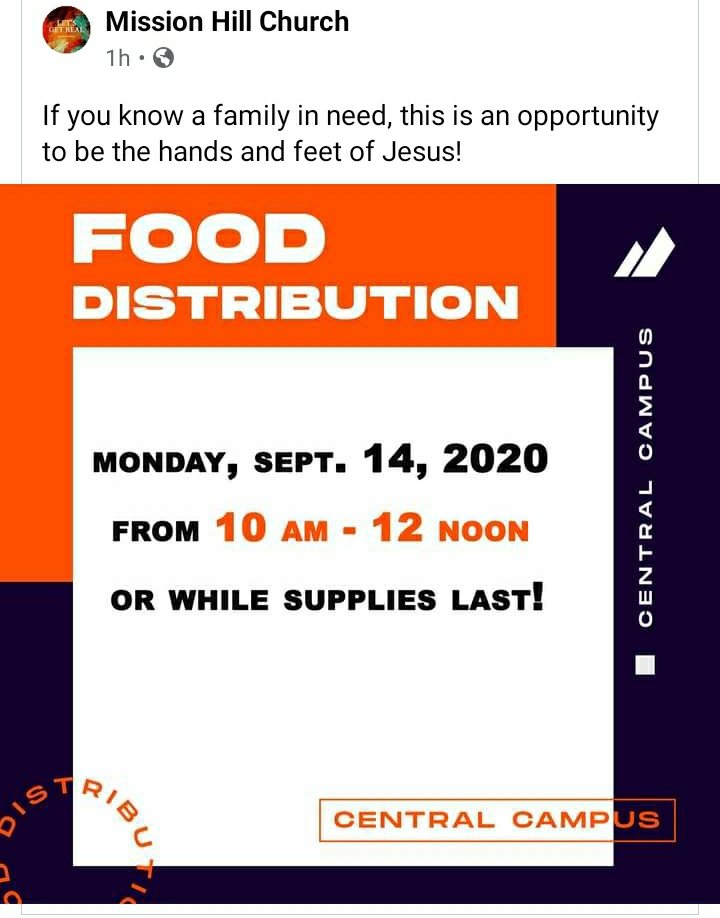 One of our community partners Mission Hills Church has a weekly food drive from 10-11am every Monday for families in need.