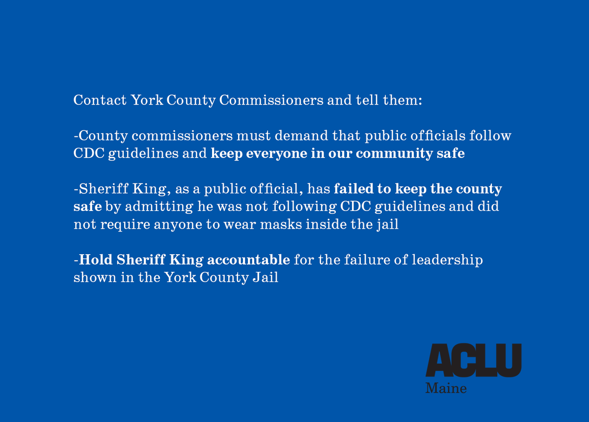 A blue background with a script for contacting York County Commissioners.

Contact York County Commissioners and tell them: 

-County commissioners must demand that public officials follow CDC guidelines and keep everyone in our community safe

-Sheriff King, as a public official, has failed to keep the county safe by admitting he was not following CDC guidelines and did not require anyone to wear masks inside the jail

-Hold Sheriff King accountable for the failure of leadership shown in the York County Jail
