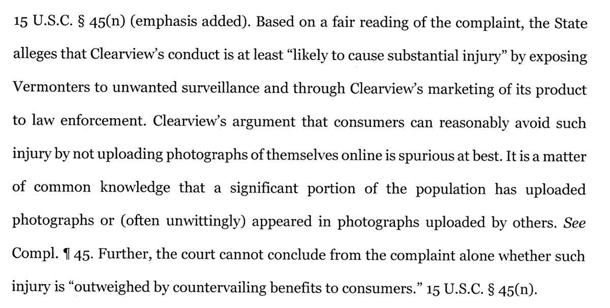 "Clearview’s argument that consumers can reasonably avoid such injury by not uploading photographs of themselves online is spurious at best." As they say, inject this legal reasoning into my veins!