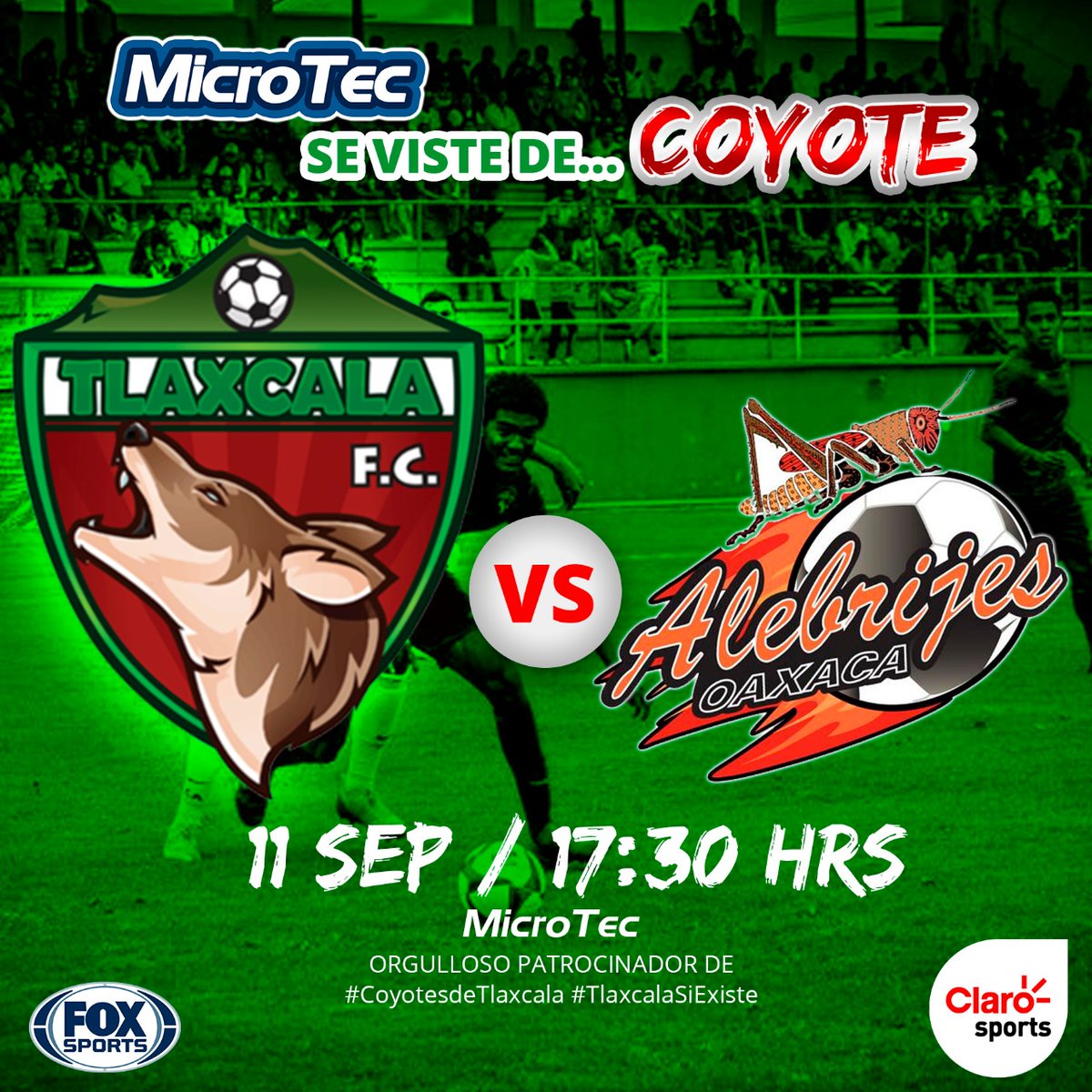 MicroTec_Telcel's tweet photo. ⚽ Hoy juega alebrijes vs @Coyotes_Oficial 

📅 11 Septiembre 17:30 hrs @MicroTec_Telcel patrocinador oficial #TlaxcalaSiExiste #FelizViernesATodos https://t.co/PnrpbTyHWN