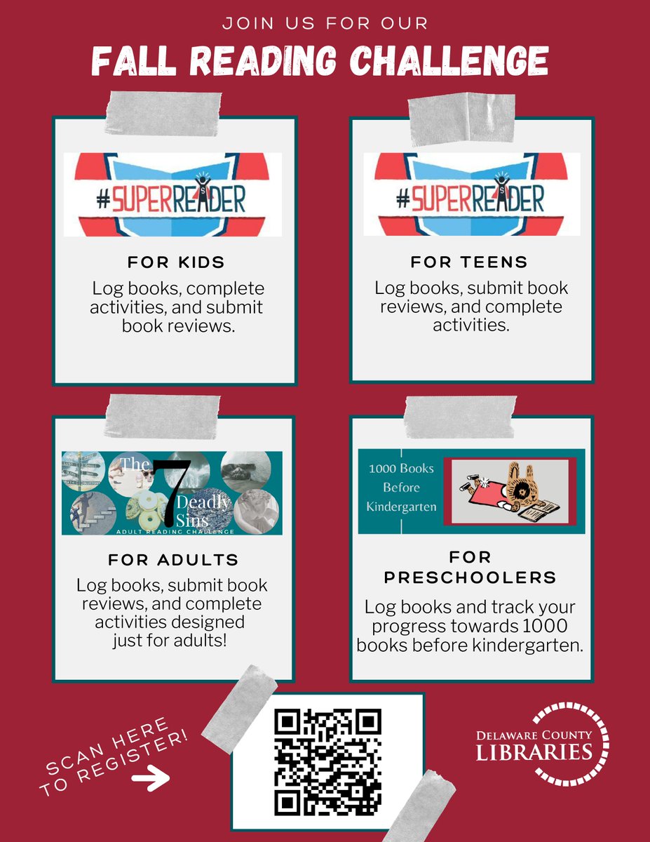 UDLibs's tweet photo. Mark your calendars! Our Fall Reading Challenge starts on Monday, and it includes everyone from babies to adults!!

#fallreadingchallenge #library #books #reading #ilovetoread #bibliophile #superreader https://t.co/O6iA91sDOY