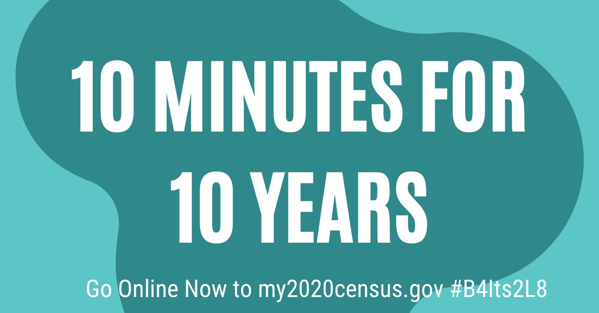 10 days left...

10 days to take 10 minutes to affect the next 10 years. Complete the 2020 Census today! Be counted before its too late. my2020census.gov
