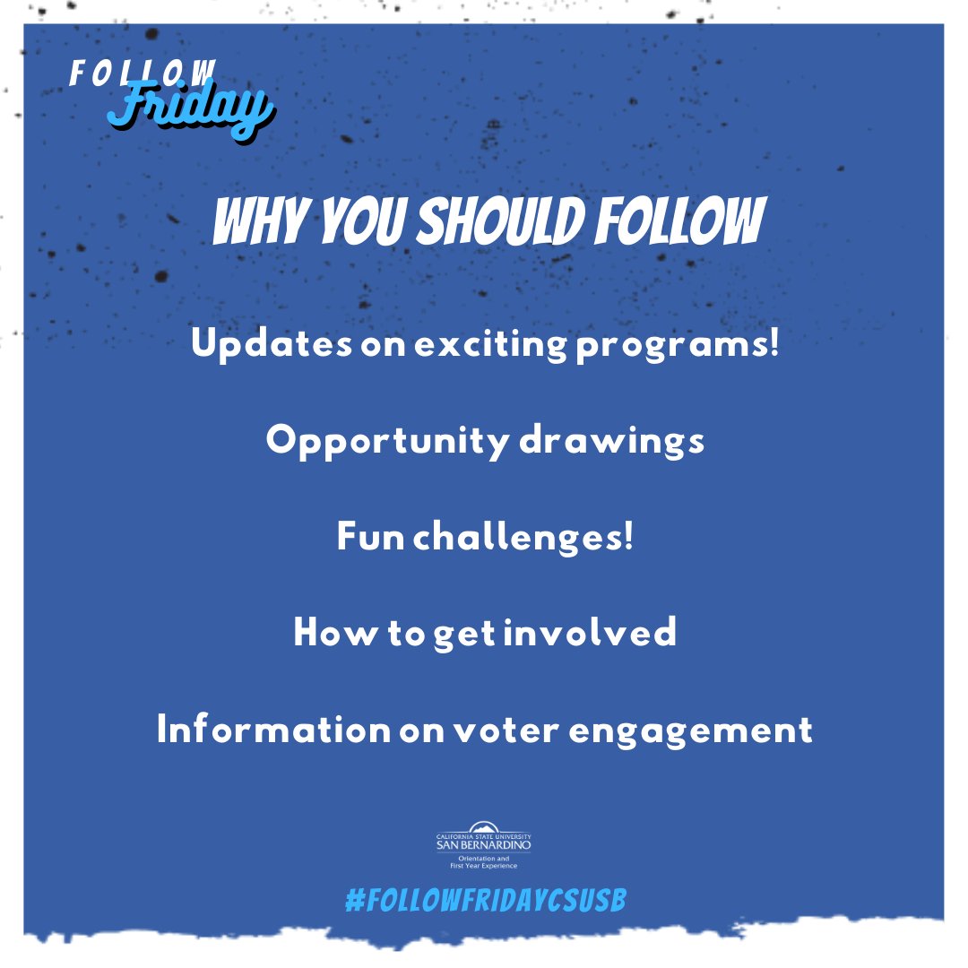 CSUSBofye's tweet photo. This week on #FollowFridayCSUSB, make sure you're following @ASI_CSUSB and/or @AsiPdc -- YOUR student government here at #CSUSB! Updates on events, voter engagement, and even chances to win some cool stuff. https://t.co/A4mJVWZoGq