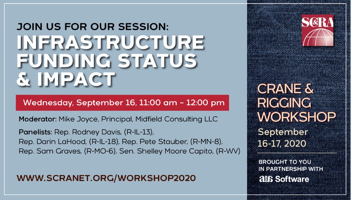 scranet's tweet photo. Just confirmed: Multiple lawmakers, including 4 congressmen and 1 senator, to speak and participate in a live Q&A on the current infrastructure bill at the Crane & Rigging Workshop, Sept. 16.
Register now to participate: https://t.co/1lQSFoyVEP
#SCRAcrw https://t.co/9vU90DwYWp