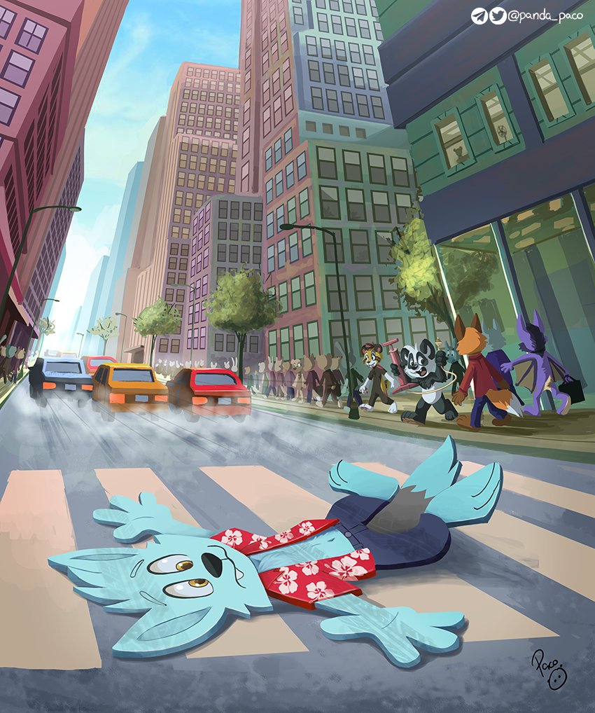 Oh no! Aleph is new in the big city and he thought the drivers will wait for him just some seconds more, so naive!
Good thing he's just a toon wolf, just with some air he re-inflates.

Pic for @marshmafmallow