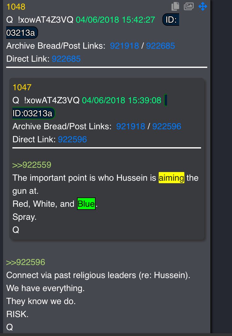 5/ Dr0p 1047: “The important point is who Hu_ssein is aiming the gun at.Red, White, and BlueSpray”Is there something here?Red & Blue Matrices = Insurgencies?Then, finally - the saying on  @realDonaldTrump ‘s new banner: