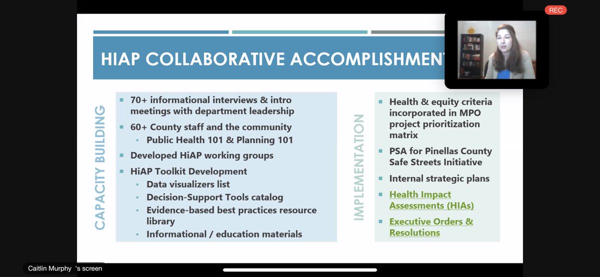 AmyElmore33's tweet photo. Another excellent day of presentations! I really enjoyed “Implementing Health in All Policies in 3 local gov’ts.” If you’re not bringing health advocates to the table in your planning processes, you’re missing a very big piece of the puzzle. @APAFlorida #FPC20 https://t.co/VUUpPKnpCs