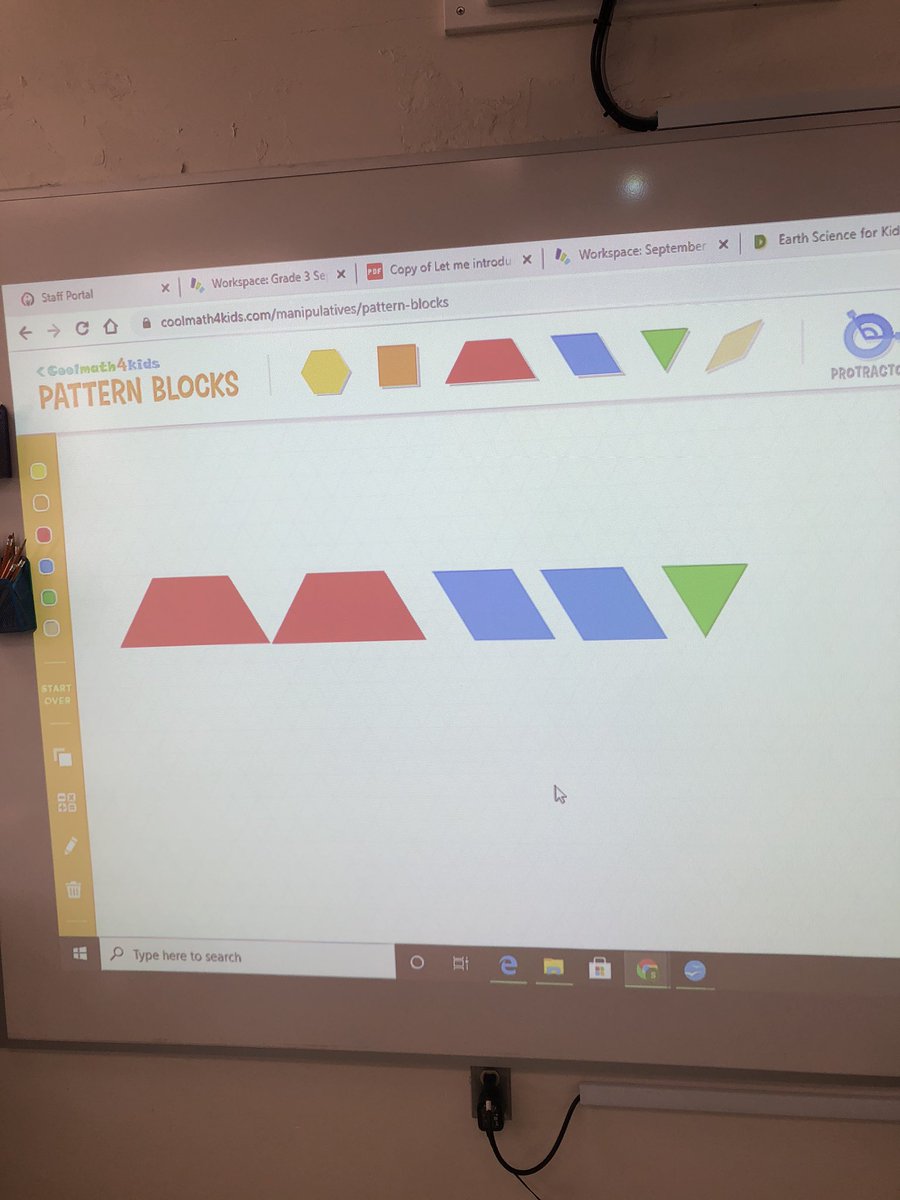 MsKeyota's tweet photo. Moving to digital pattern blocks.....Check out the Pattern Blocks Interactive website to create patterns using two or more attributes! The children loved exploring with patterns. @ocsbstash #grade3math #interativeblocks @CorpusOCSB @OttCatholicSB https://t.co/8IspMqLRWF