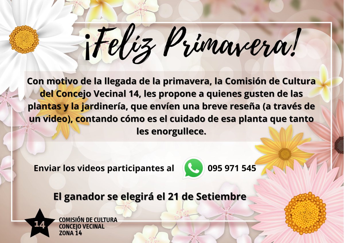 La Comisión de Cultura del Concejo Vecinal 14, 
invita a vecinas y vecinos a participar de una actividad virtual para celebrar la Primavera🌺🌻🌹🌼

<a href="/municipioa/">Municipio A - MVD</a>
