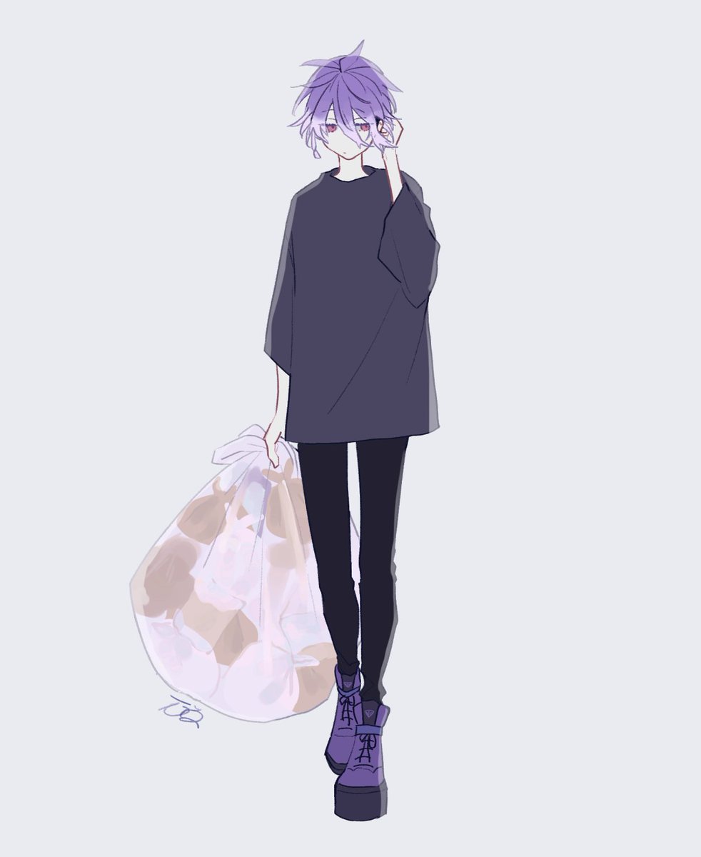 purple hair solo trash bag 1boy male focus shirt pants  illustration images