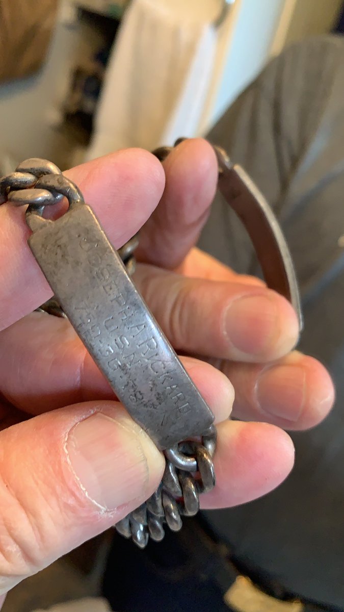 @MollyJongFast @Itsalexishaines @TriumphAmerica He ran away from home, left his momma & Cop Dad, jumped a train, road to Philadelphia, strode into a #NavyRecruiter, LIED ABOUT HIS AGE (May 9, 1928-1944=16), Enlisted, this is his Original ID #Bracelet, he is in the Leather Jacket because he was on a team @ Patuxent, trained