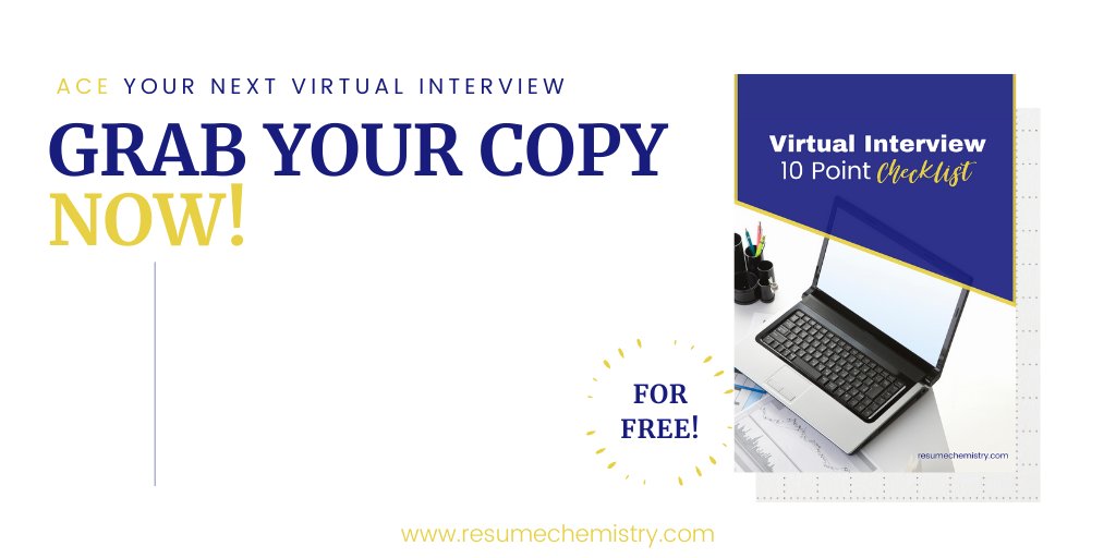 ChemistryResume's tweet image. Have a career coaching session with us TODAY! Get your copy of the Virtual Interview 10 Point Checklist for FREE and we’ll help you ace your next online Interview!

#resumechemistry #careercoaching #virtualinterviewtips #interviewchecklist