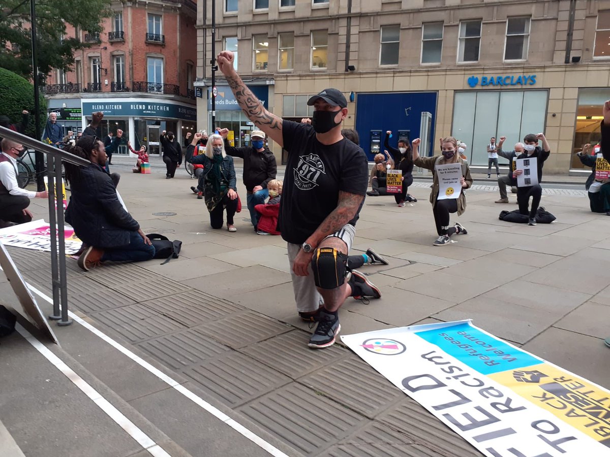 AntiRacismDay's tweet photo. #Sheffield says #JusticeForGeorgeFloyd as police accused of murder of #GeorgeFloyd go to court - oppose police racism US & UK #BlackLivesMatter #ScrapS60 https://t.co/WMnZLmCVRI