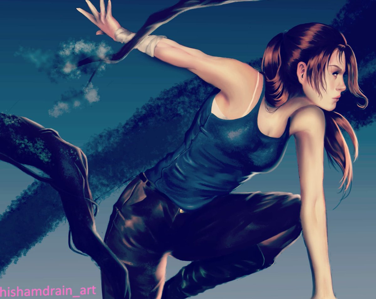 A fan illustration of reboot Lara Croft gazing out after climbing a tree. The artist used cooler tones like dark blues and browns.
