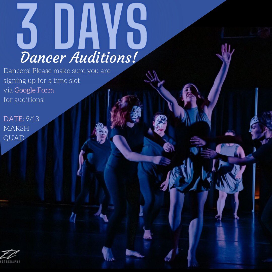 SalemStateRDT's tweet photo. We are at the homestretch dancers! We are reaching out to you because DANCER AUDITIONS ARE THREE DAYS AWAY! Please see the link in our bio to sign up for a time slot for auditions!! 

REMEMBER to watch and learn the combos before hand. Those combos  can be found on YouTube! https://t.co/RIOe0n50J6