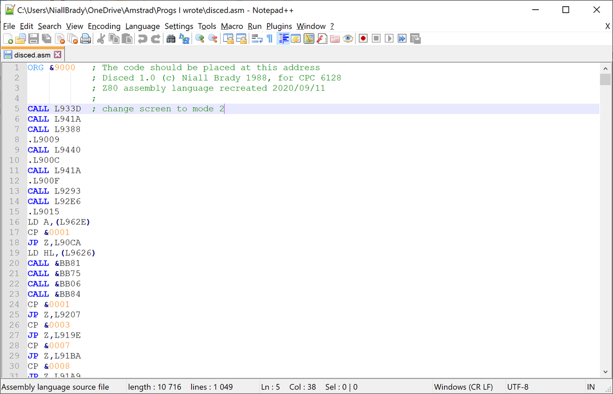 ncbrady's tweet image. What are your thoughts on this ? I've decided to disassemble my old code from some programs I wrote in 1988 and re-comment the source and then once I understand it all again, re-release the code, amstrad-noob.com/2020/09/11/dis… #z80 #machinecode #amstrad
