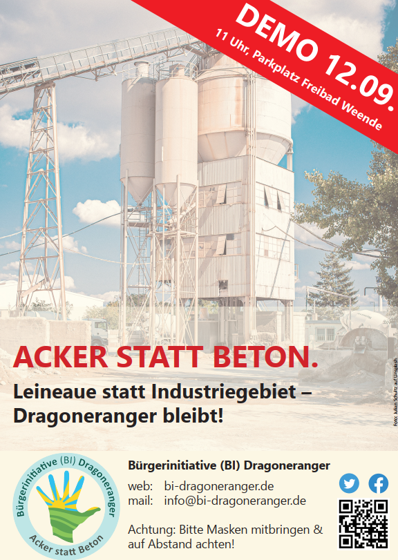 Für Kurzentschlossene:

Morgen um 11 Uhr wird demonstriert - In Weende/#Göttingen soll ein großes Industriegebiet entstehen und dafür 16 ha des "Dragonerangers" versiegelt werden. Schlechte Idee. #AckerstattBeton

@SarahWeis13 <a href="/dragoneranger/">Frida Feldlerche</a>
 
bi-dragoneranger.de/ueber-uns/