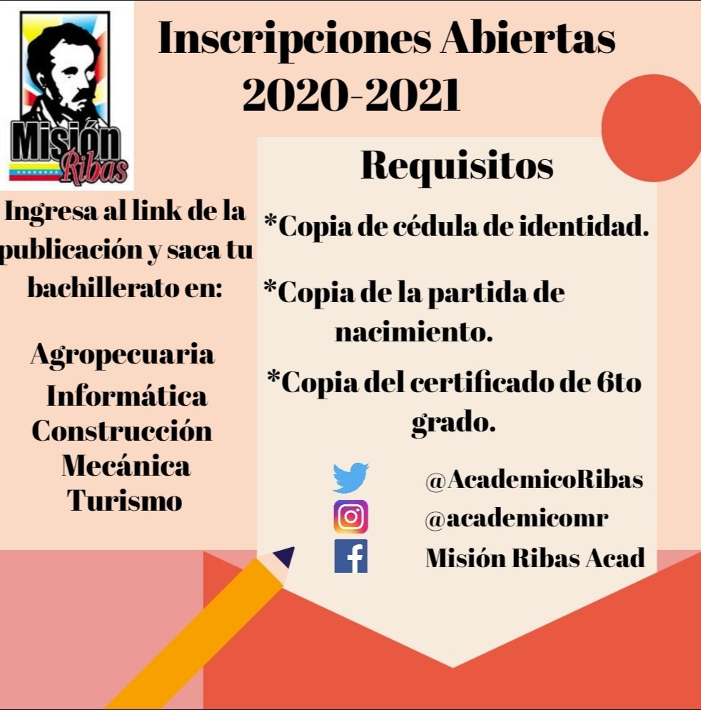#MisionRibas te invita a inscribirte a nuestros programas educativos. Sé un vencedor, incorpórate a los motores productivos de la patria. 
docs.google.com/forms/d/e/1FAI… 
@psuvaristobulo <a href="/DhelizAlvarez/">Dheliz Álvarez</a>