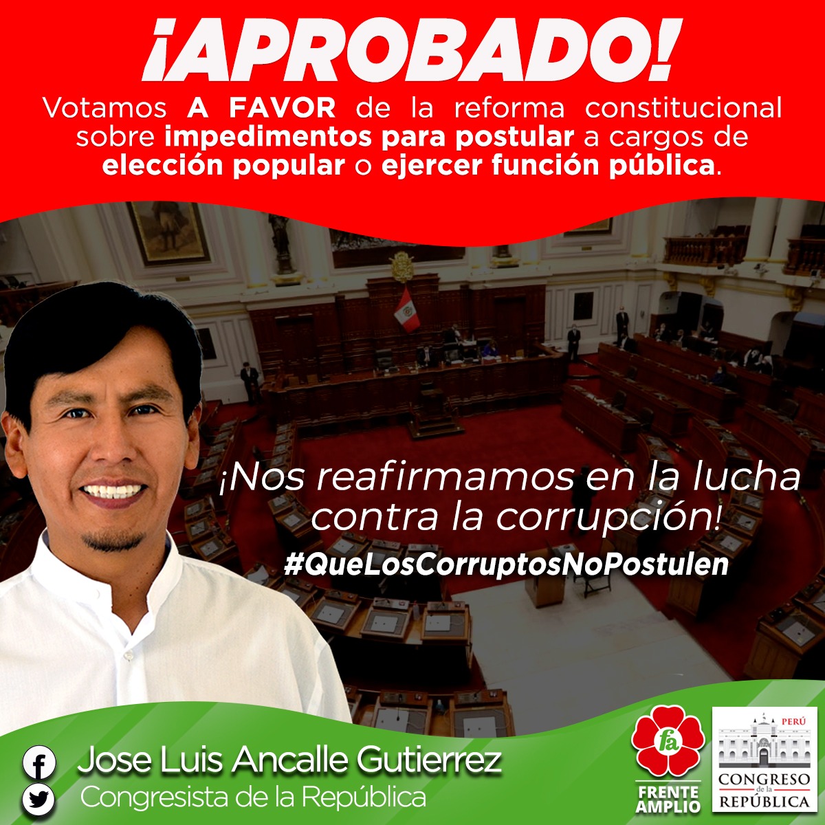 JoseLuisAncalle's tweet photo. Votamos a favor de la reforma constitucional sobre impedimento para que sentenciados postulen en próximas elecciones.

#Congreso #Perú https://t.co/41Uh7nBFP0