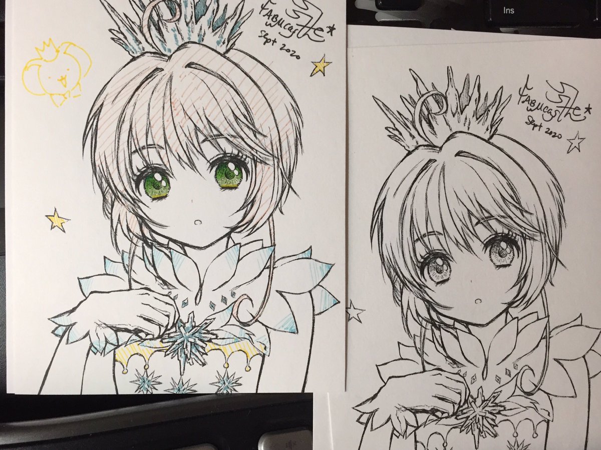 This month's print with pen embellishments is Cardcaptor Sakura in one of her Clear Card outfits. Colors vary and slots limited due to handmade nature. Please check my patreon for info!?

A signed b&w copy (right) will be given away✨RT&follow to enter

Both close on the 15th- 