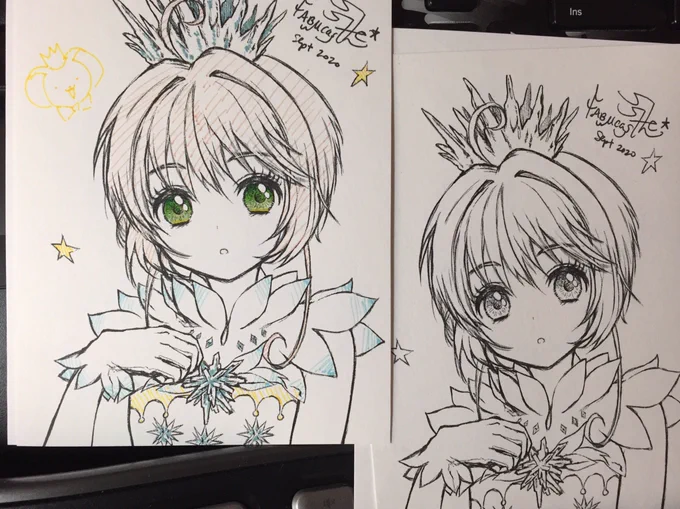 This month's print with pen embellishments is Cardcaptor Sakura in one of her Clear Card outfits. Colors vary and slots limited due to handmade nature. Please check my patreon for info!?

A signed b&amp;w copy (right) will be given away✨RT&amp;follow to enter

Both close on the 15th- 
