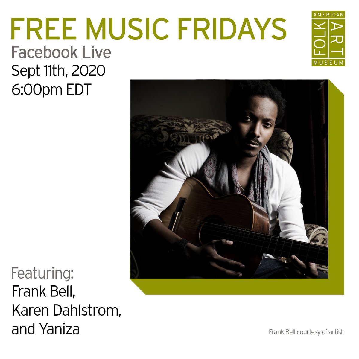 FolkArtMuseum's tweet photo. Our next Free Music Fridays Facebook Live show is TONIGHT 6-7:30pm w/ performances by @frankbellmusic, @KDahlstromMusic, and @yaniza_music, hosted by @LaraEwen .
Your donation and RSVP are gratefully appreciated: https://t.co/NhP8bmbH9O

⁠
⁠
#AFAMfromHome https://t.co/LhRWAEIIJi