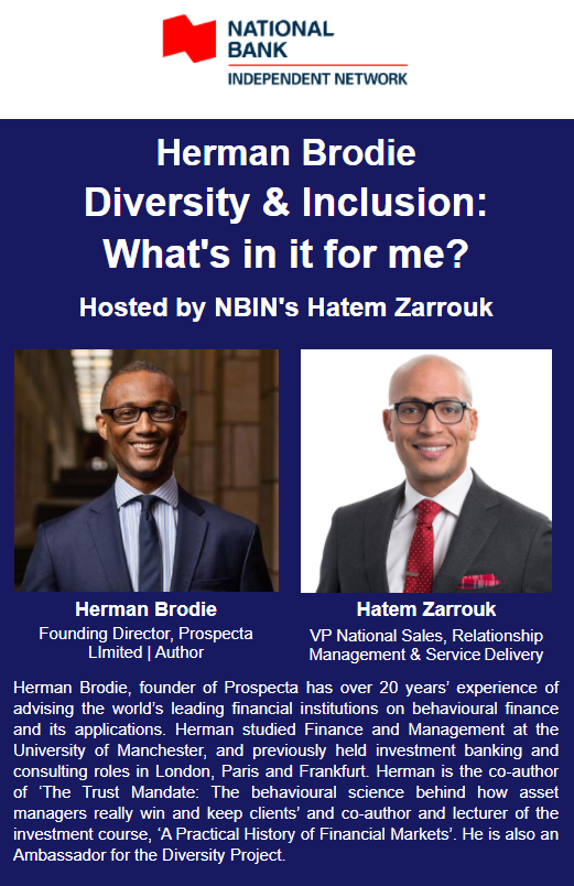 MChristineRod's tweet photo. Looking forward to next weeks @NB_INetwork webcast on Diversity &amp; Inclusion with Herman Brodie @UnwontedCandour and @HatemZarrouk1.  If you haven't yet registered make sure to reach out to us. #financialservices #diversity #inclusion #WealthManagement https://t.co/7yztbnPJMv