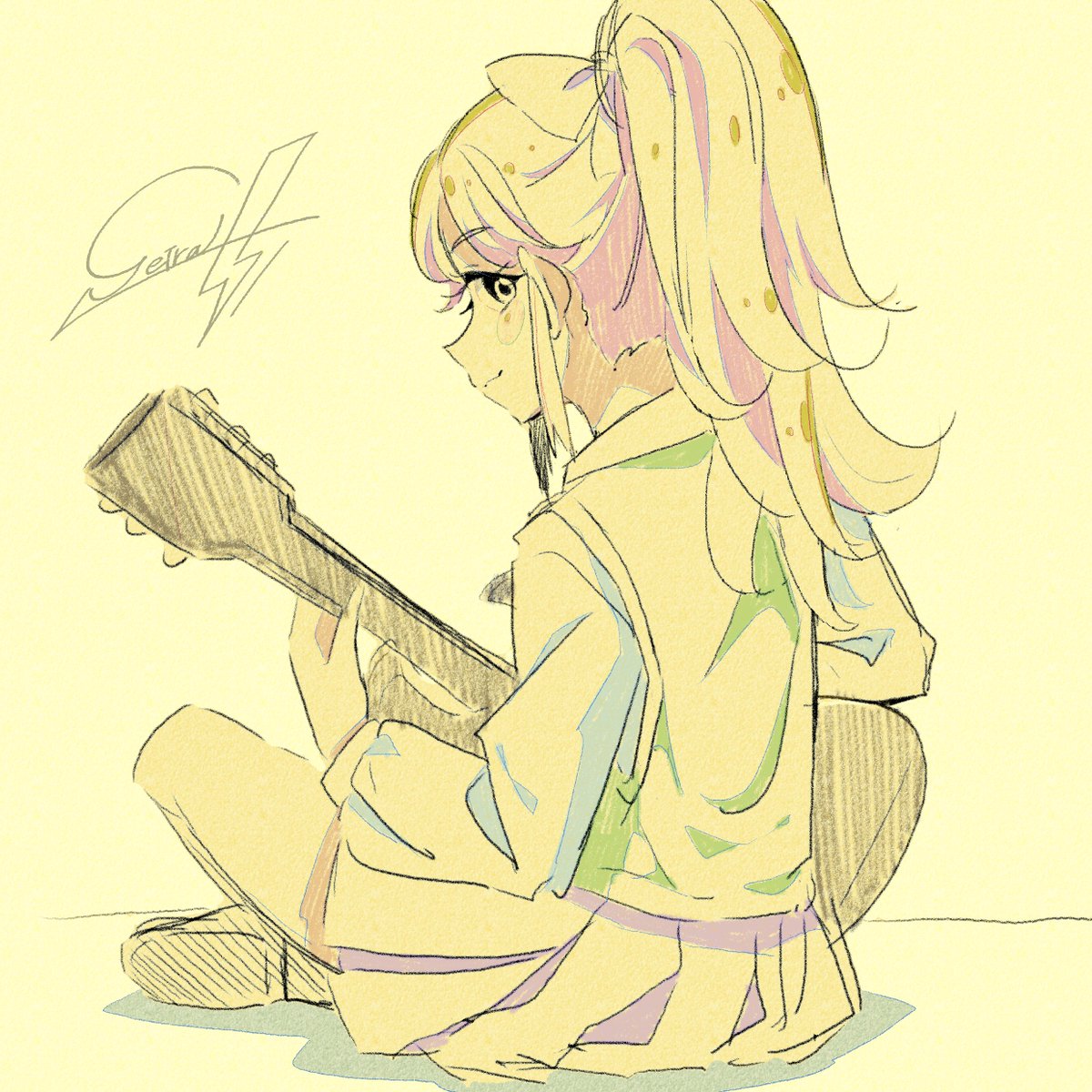 1girl solo instrument ponytail sitting guitar skirt  illustration images